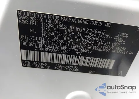 2013 Toyota Rav4 Le из США, поврежденный, VIN 2T3BFREV9DW005859